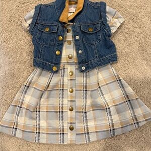 Plaid Button Front Dress with Denim Vest - Gold Button Accents
